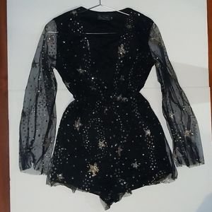 Blithe black mesh gold glitter romper